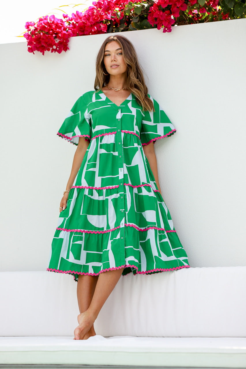 Rosie Ric Rac Trim Dress- Green/Hot pink