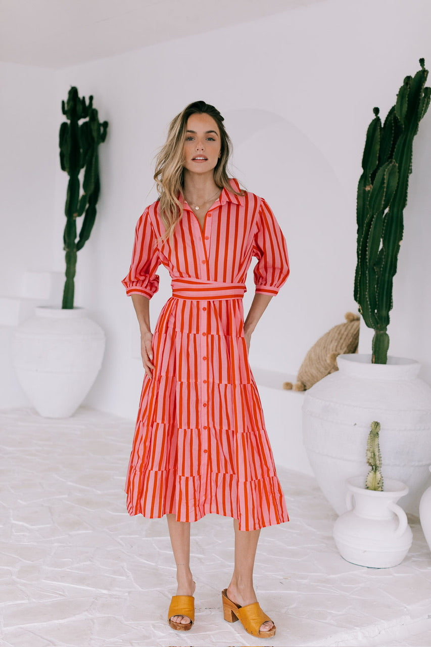 Racquet Club Stripe Midi Shirt Dress-Pink/Red