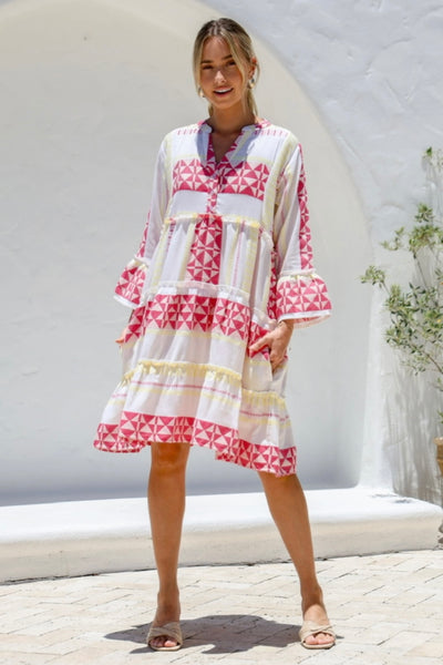 Mediterranean Dress- Raspberry/White/Yellow