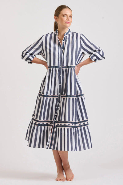 The Sandy Tiered Dress - Navy Wide Stripe