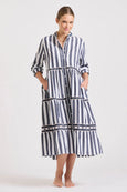 The Sandy Tiered Dress - Navy Wide Stripe