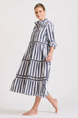 The Sandy Tiered Dress - Navy Wide Stripe