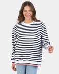 Raven Striped Fleece Crew- Navy/White