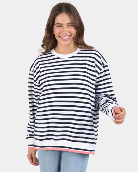 Raven Striped Fleece Crew- Navy/White