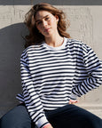 Raven Striped Fleece Crew- Navy/White