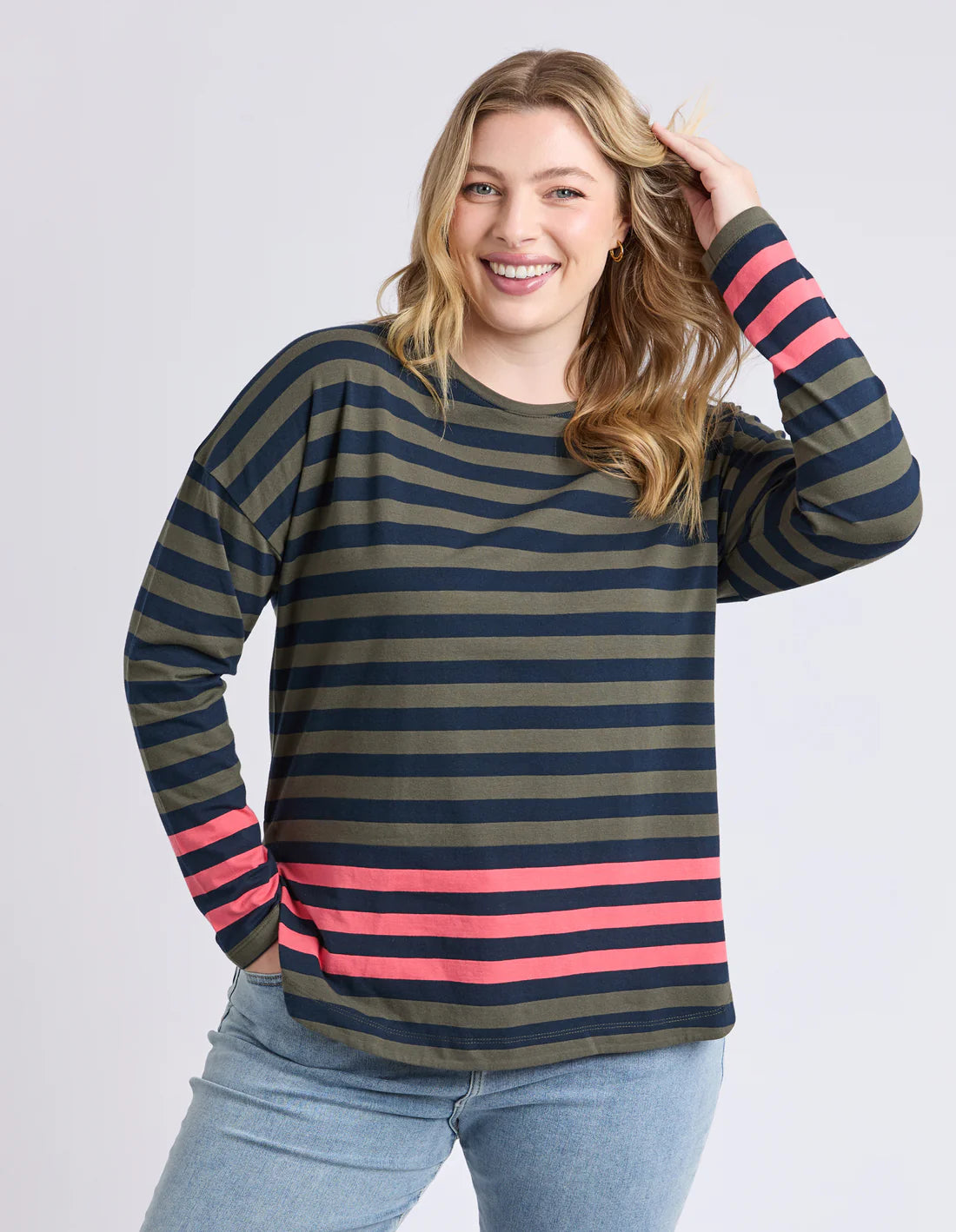 Turn Back L/S Tee- Khaki/Navy/Coral