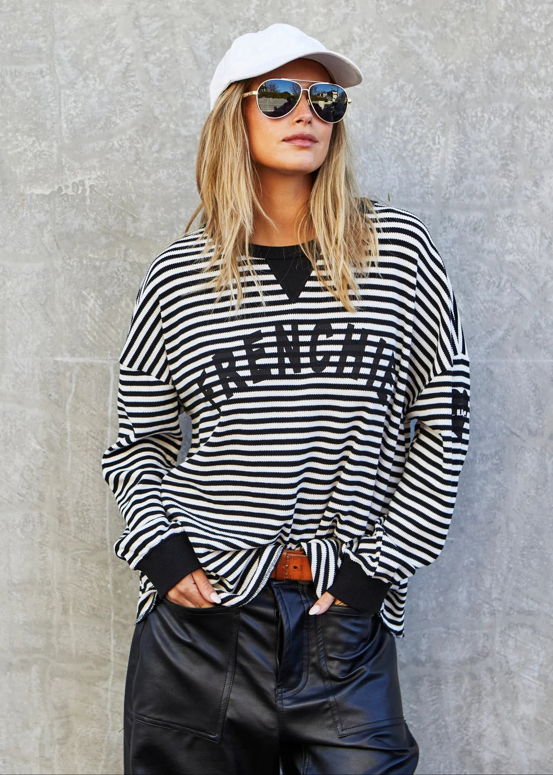 Frenchie Waffle Top- Black/White