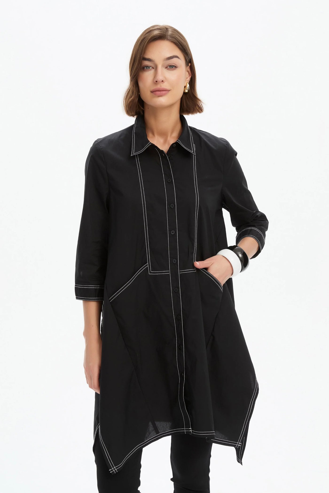 Hankerchief Hem Contrast Shirt- Black