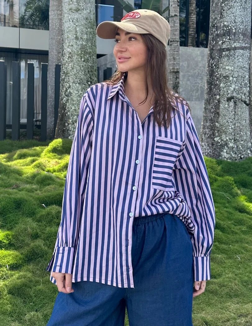 Amalfi Shirt- Navy/Pink Stripe
