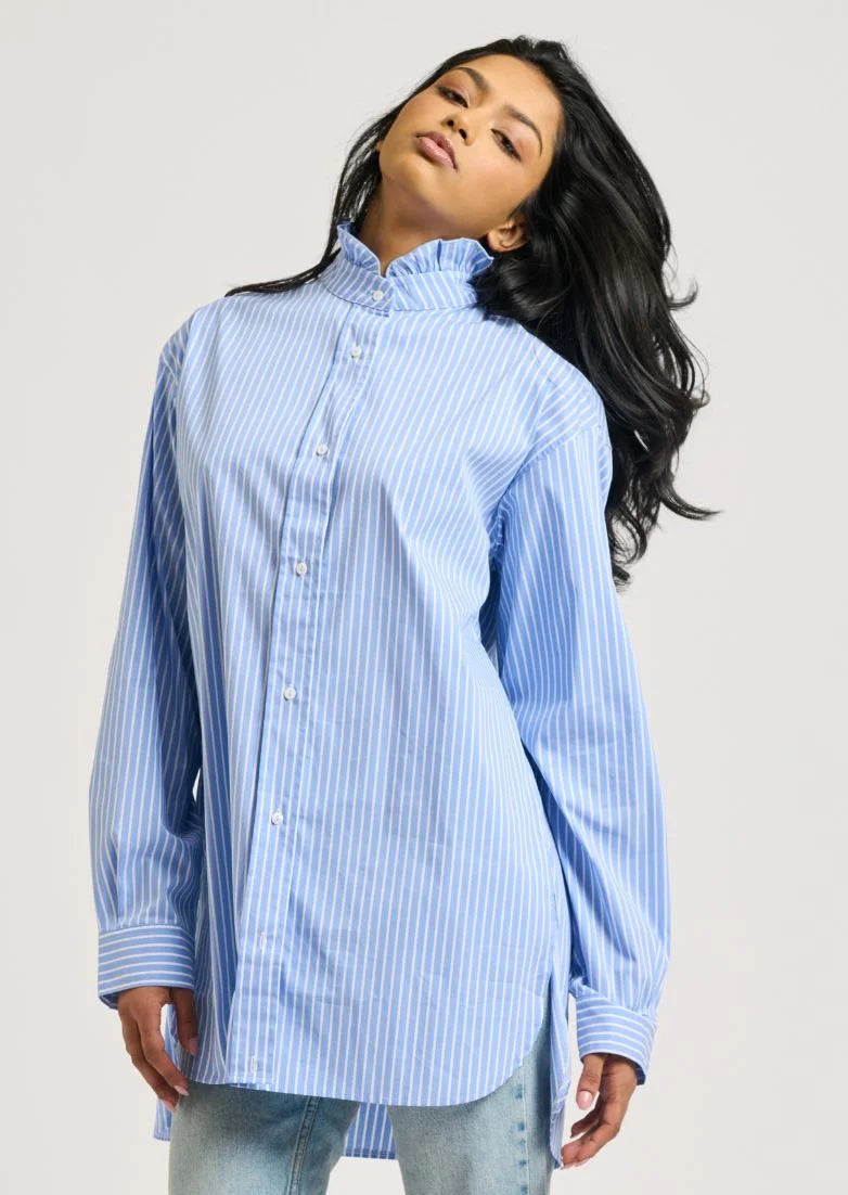 The Camilla Boyfriend Shirt Frill Collar - Banker Blue Stripe