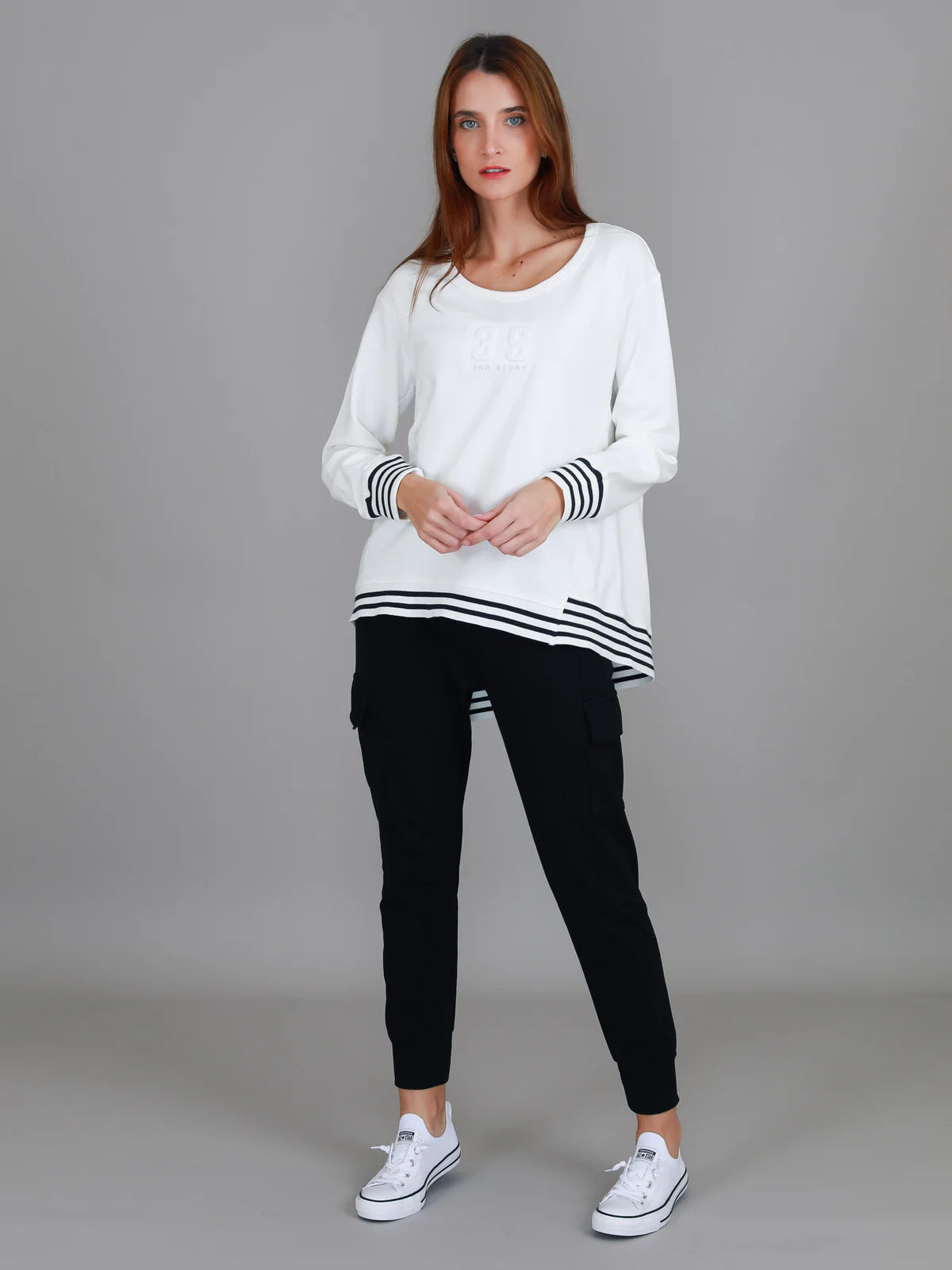 Gwyneth Stripe Rib Sweatshirt- White