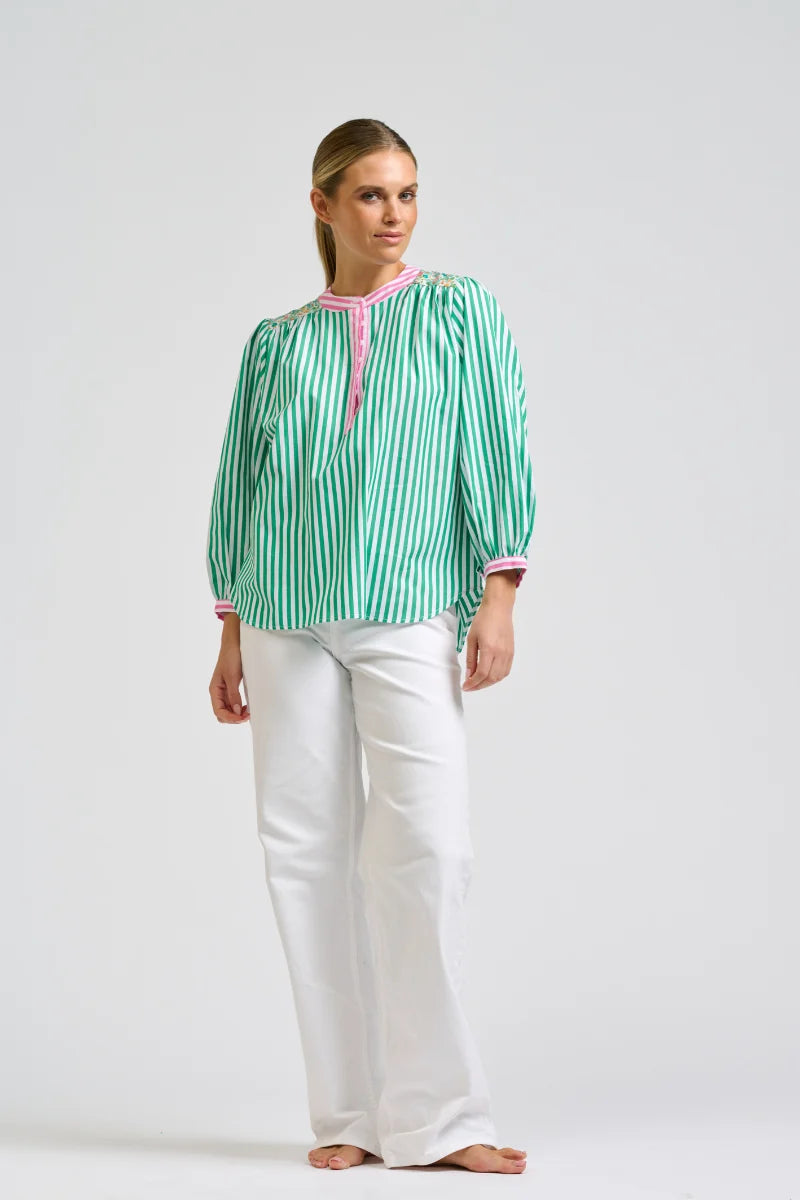 Mary Shirt - Green/Pink Stripe Combo