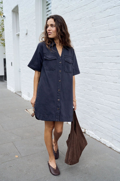 Bonnie Relaxed Shirtdress- Washed Black