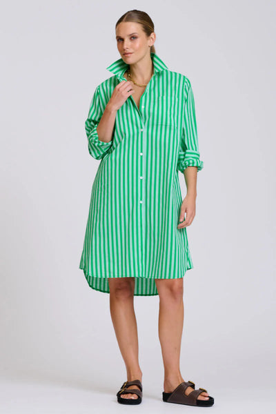 The Classic Cotton Shirt Dress - Double Green Stripe