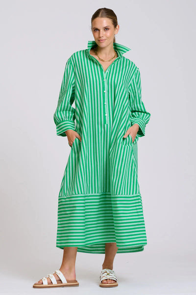 The Martha Oversized Shirt Dress - Double Green Stripe