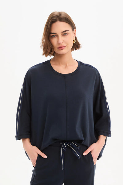 Oversized 3/4 Stripe Sleeve Tee-Navy/Navy Stripe