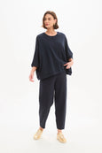 Oversized 3/4 Stripe Sleeve Tee-Navy/Navy Stripe