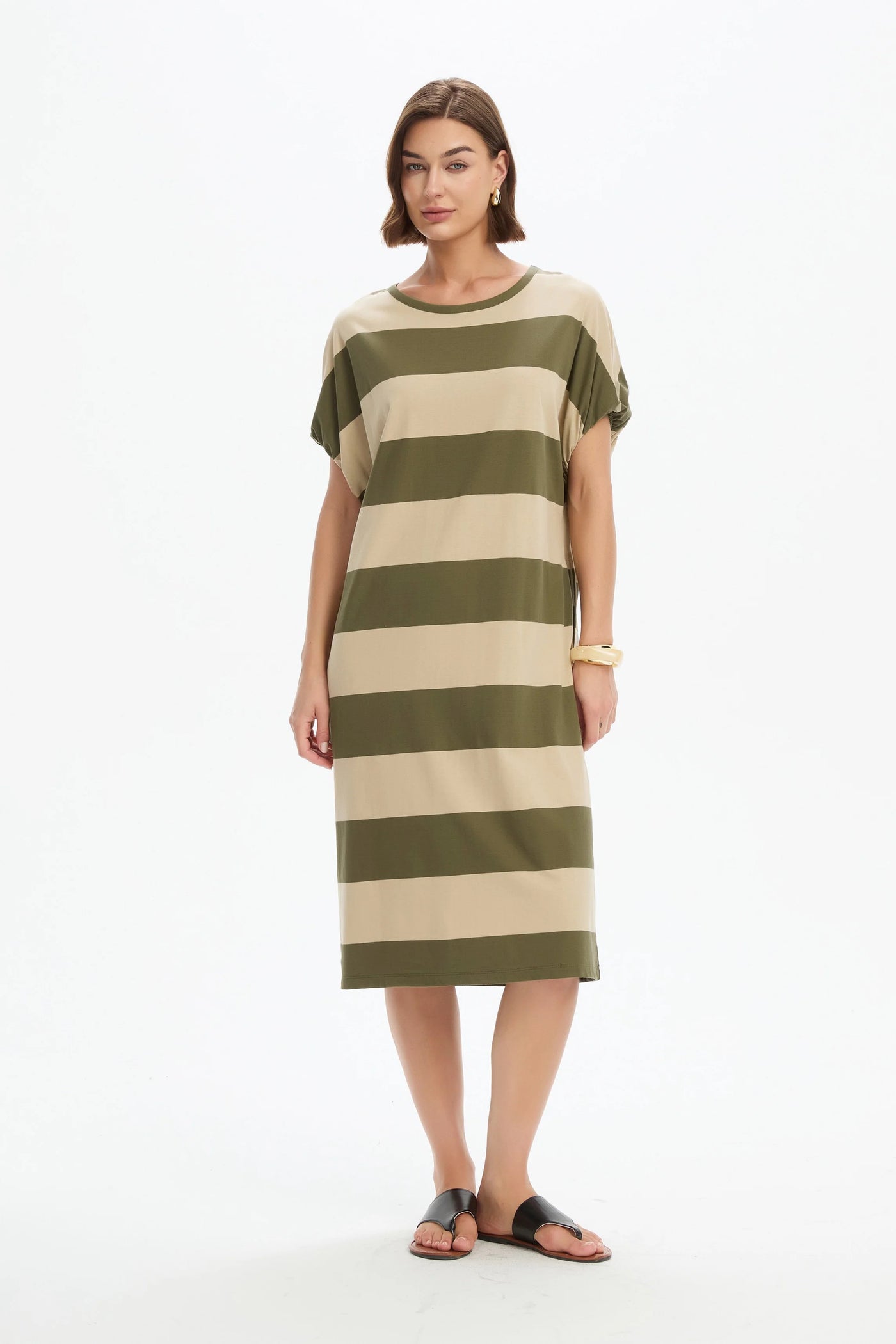 Bubble Sleeve Dress- Green/Beige Stripe