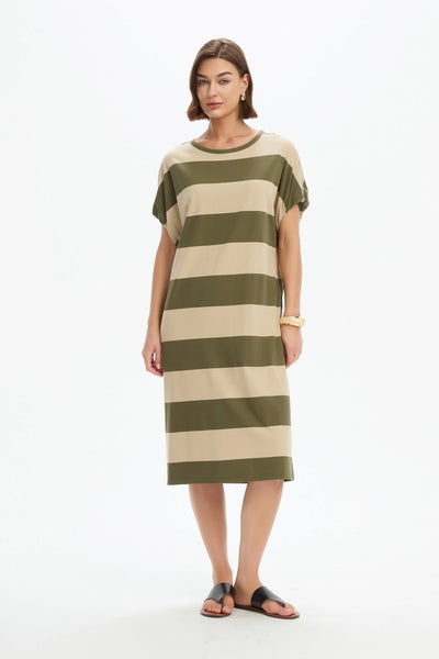 Bubble Sleeve Dress- Green/Beige Stripe