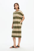 Bubble Sleeve Dress- Green/Beige Stripe