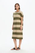 Bubble Sleeve Dress- Green/Beige Stripe