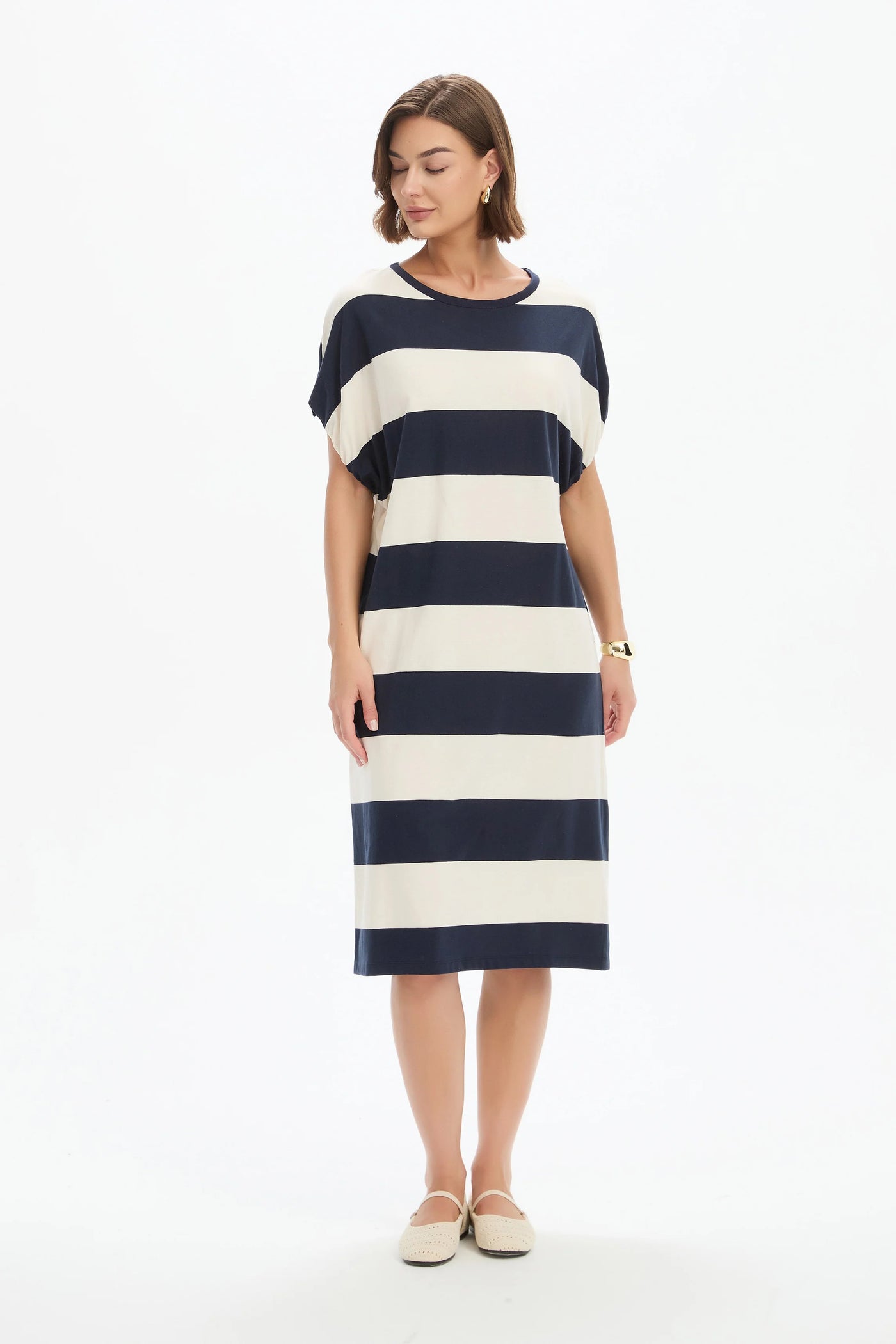 Bubble Sleeve Dress-Navy/White Stripe