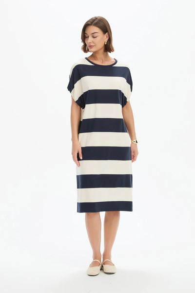 Bubble Sleeve Dress-Navy/White Stripe