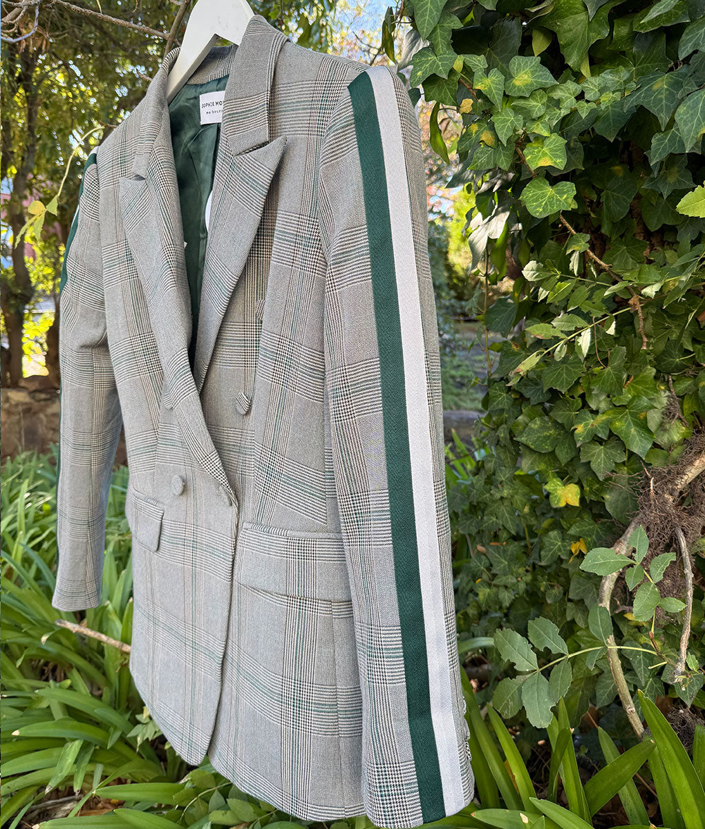 Ella Check Blazer- Green/White Arm Stripe