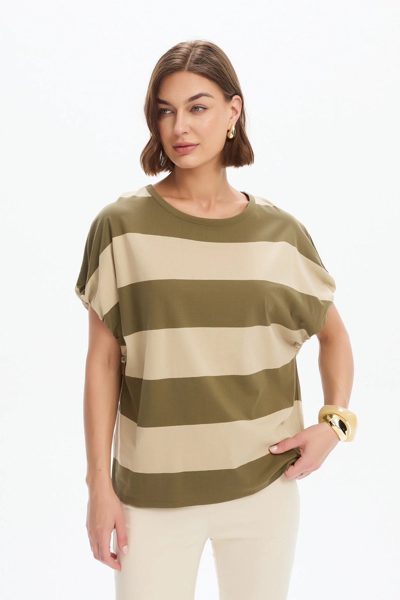 Bubble Sleeve Tee- Green/Beige Stripe