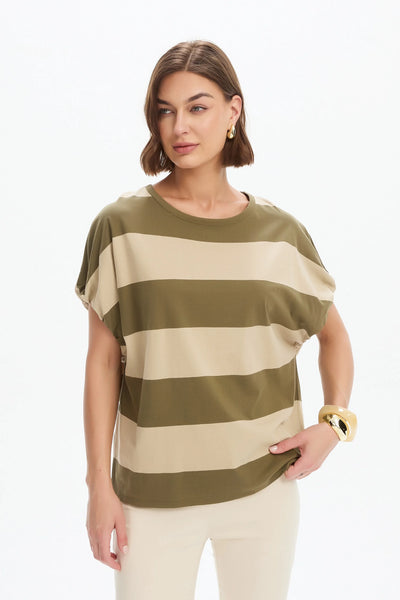 Bubble Sleeve Tee- Green/Beige Stripe