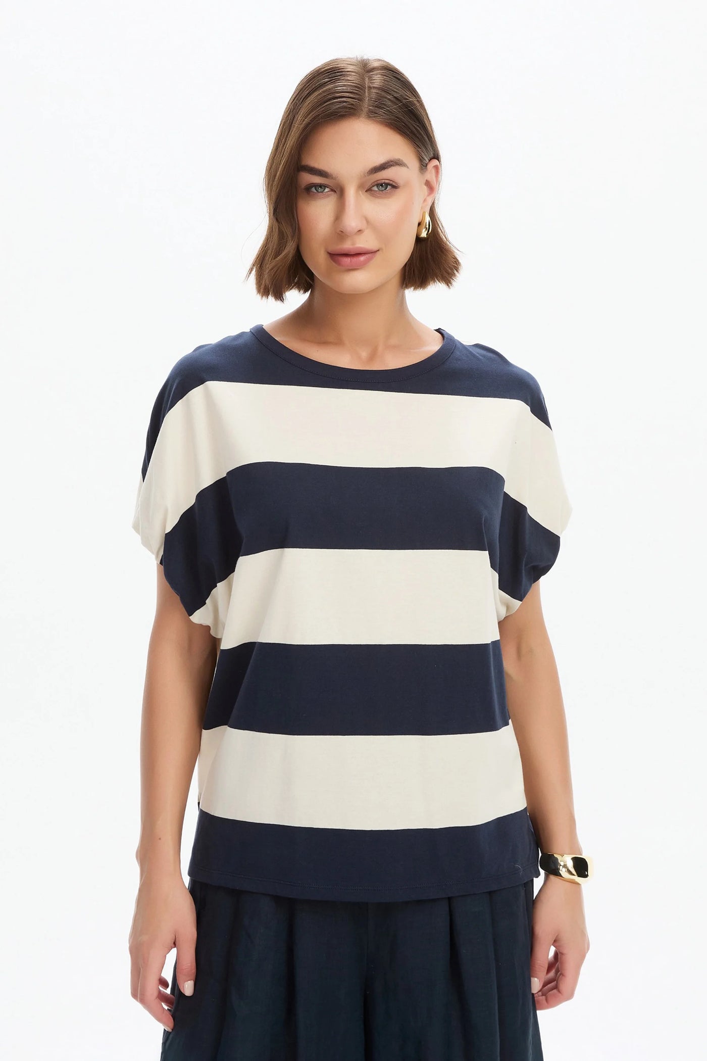 Bubble Sleeve Tee- Navy/White Stripe