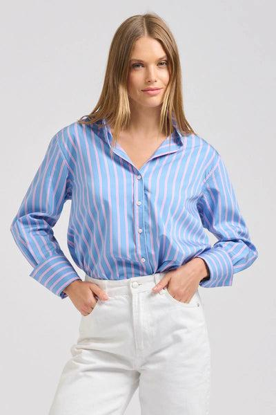 The Elodie Girlfriend Shirt- Blue/Pink Stripe