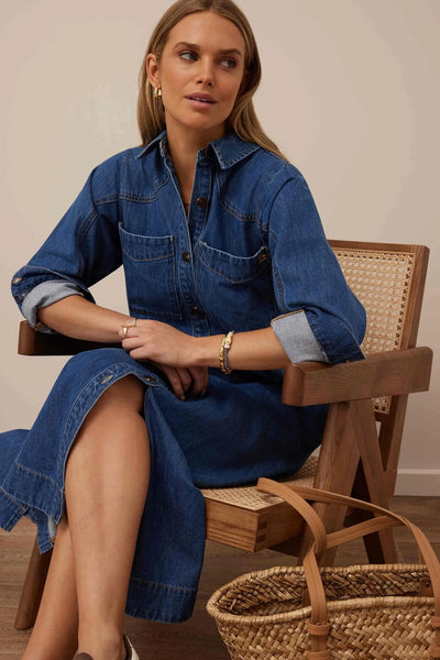 Rae Long Sleeve Midi Dress- Fresh Indigo