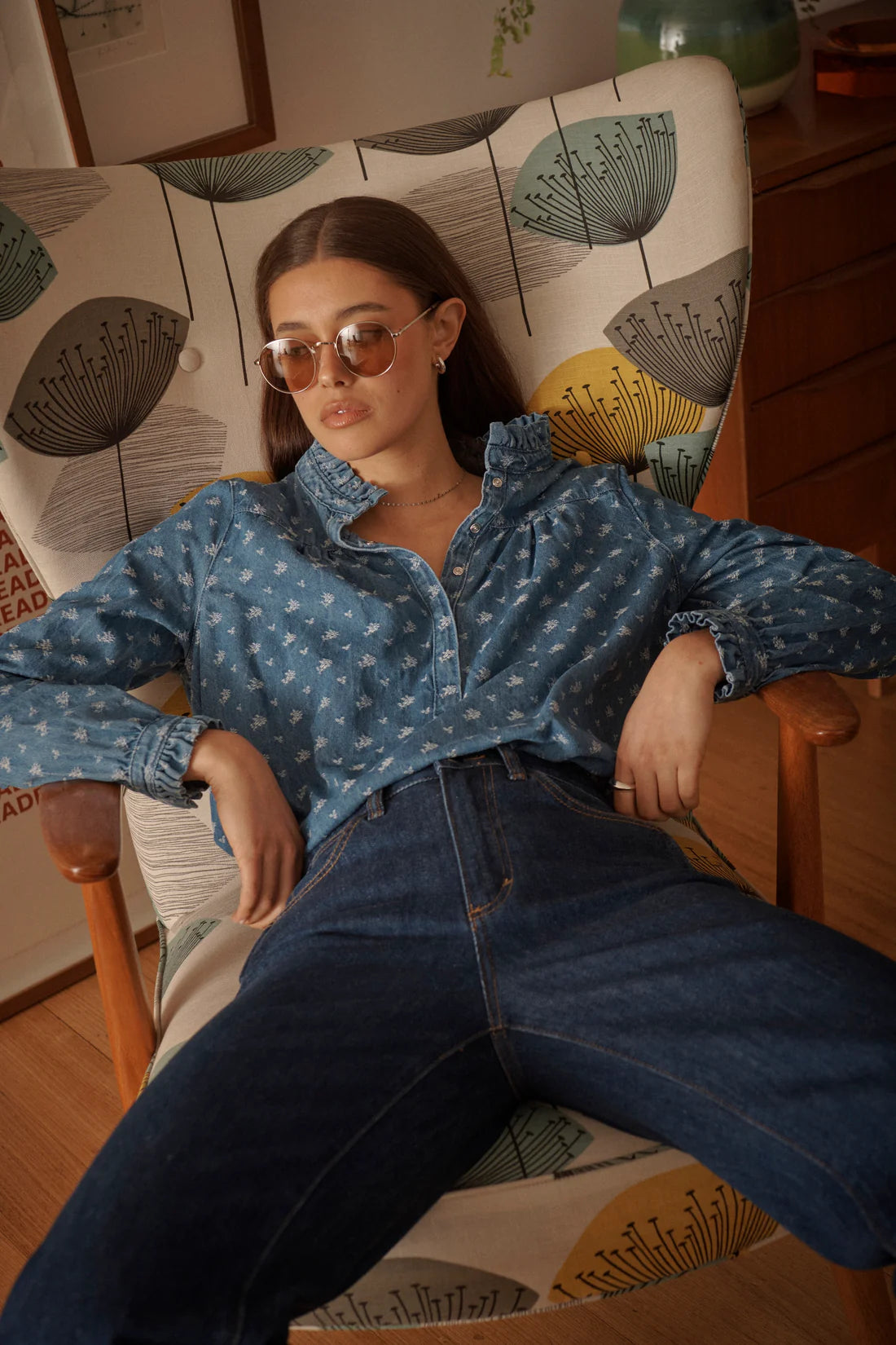 Tamara Shirt- Denim w/Flower