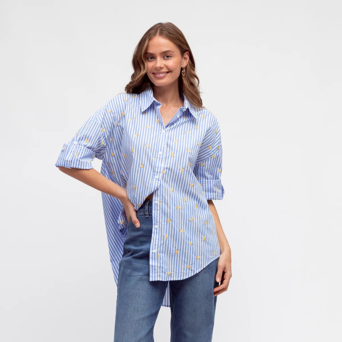 Lemon Embroidery Shirt- Blue