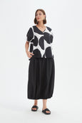 V Neck Bishop Sleeve Poplin Top- Black/White Spot