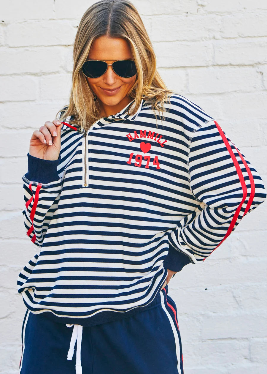 Retro Stripe Collard Zip Sweat- Navy/White