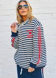 Retro Stripe Collard Zip Sweat- Navy/White