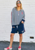 Retro Stripe Collard Zip Sweat- Navy/White