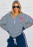 Retro Stripe Collard Zip Sweat- Navy/White