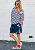Retro Stripe Collard Zip Sweat- Navy/White