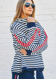 Retro Stripe Collard Zip Sweat- Navy/White