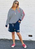 Retro Stripe Collard Zip Sweat- Navy/White