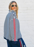 Retro Stripe Collard Zip Sweat- Navy/White