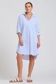 The Popover Shirtdress - White with Blue Stripe Floral Trim