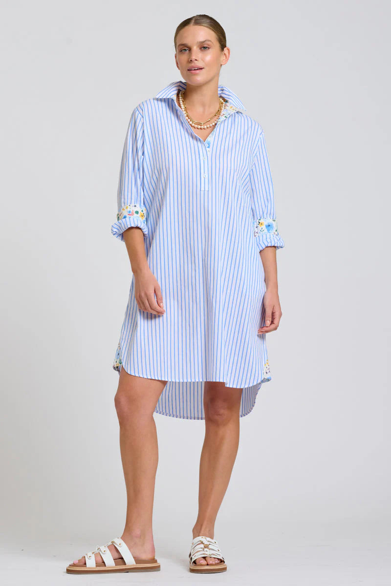 The Popover Shirtdress - White with Blue Stripe Floral Trim