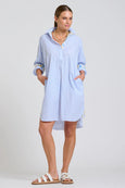 The Popover Shirtdress - White with Blue Stripe Floral Trim
