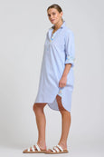 The Popover Shirtdress - White with Blue Stripe Floral Trim