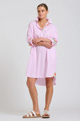 The Popover Shirtdress - White with Pink Stripe Floral Trim