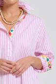 The Popover Shirtdress - White with Pink Stripe Floral Trim